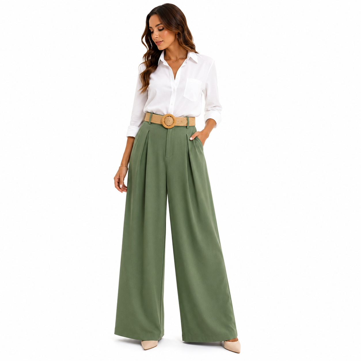 Pantalon Palazzo Femme Taille Unique avec Ceinture Tressée