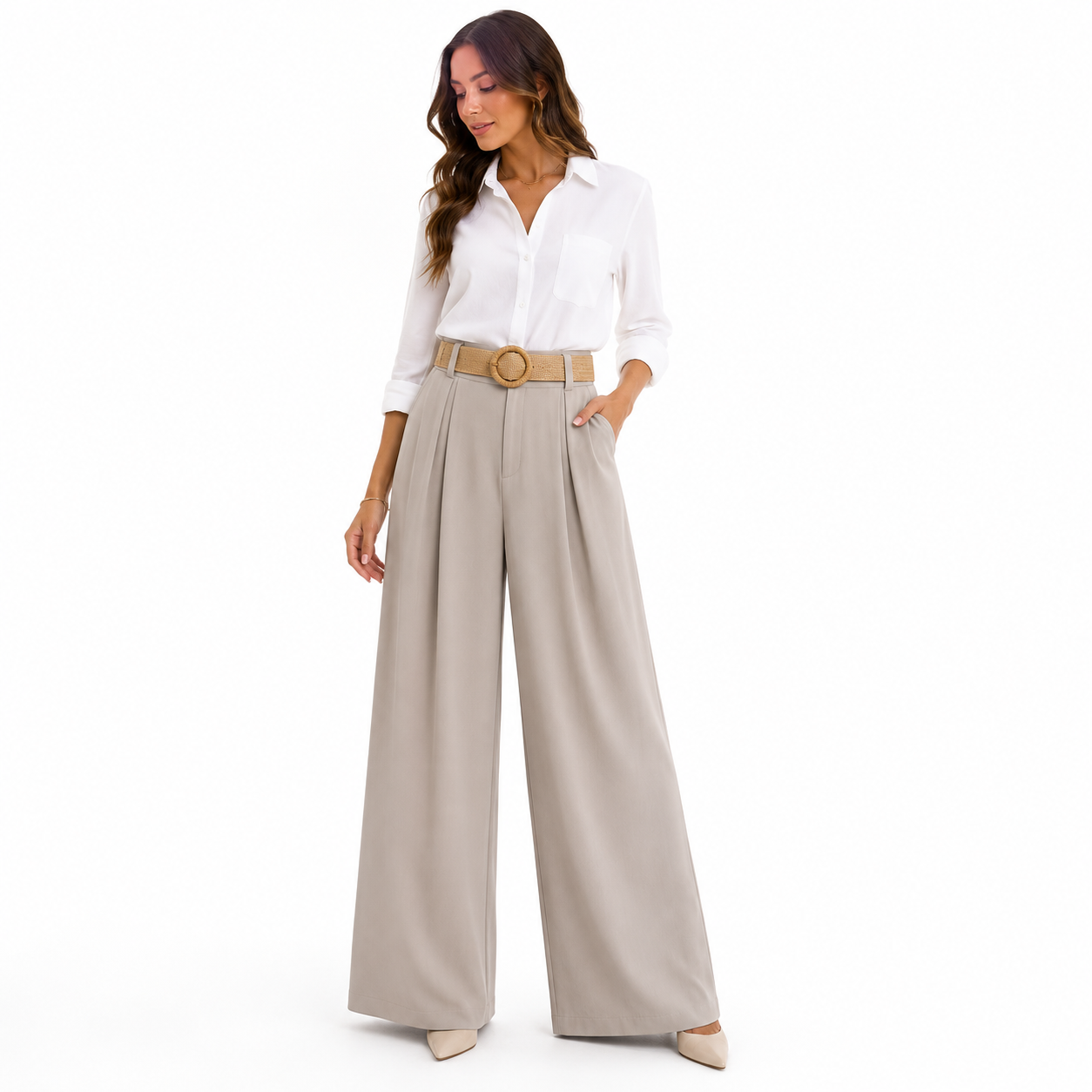Pantalon Palazzo Femme Taille Unique avec Ceinture Tressée