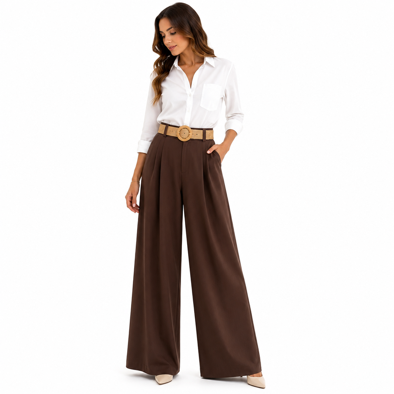 Pantalon Palazzo Femme Taille Unique avec Ceinture Tressée