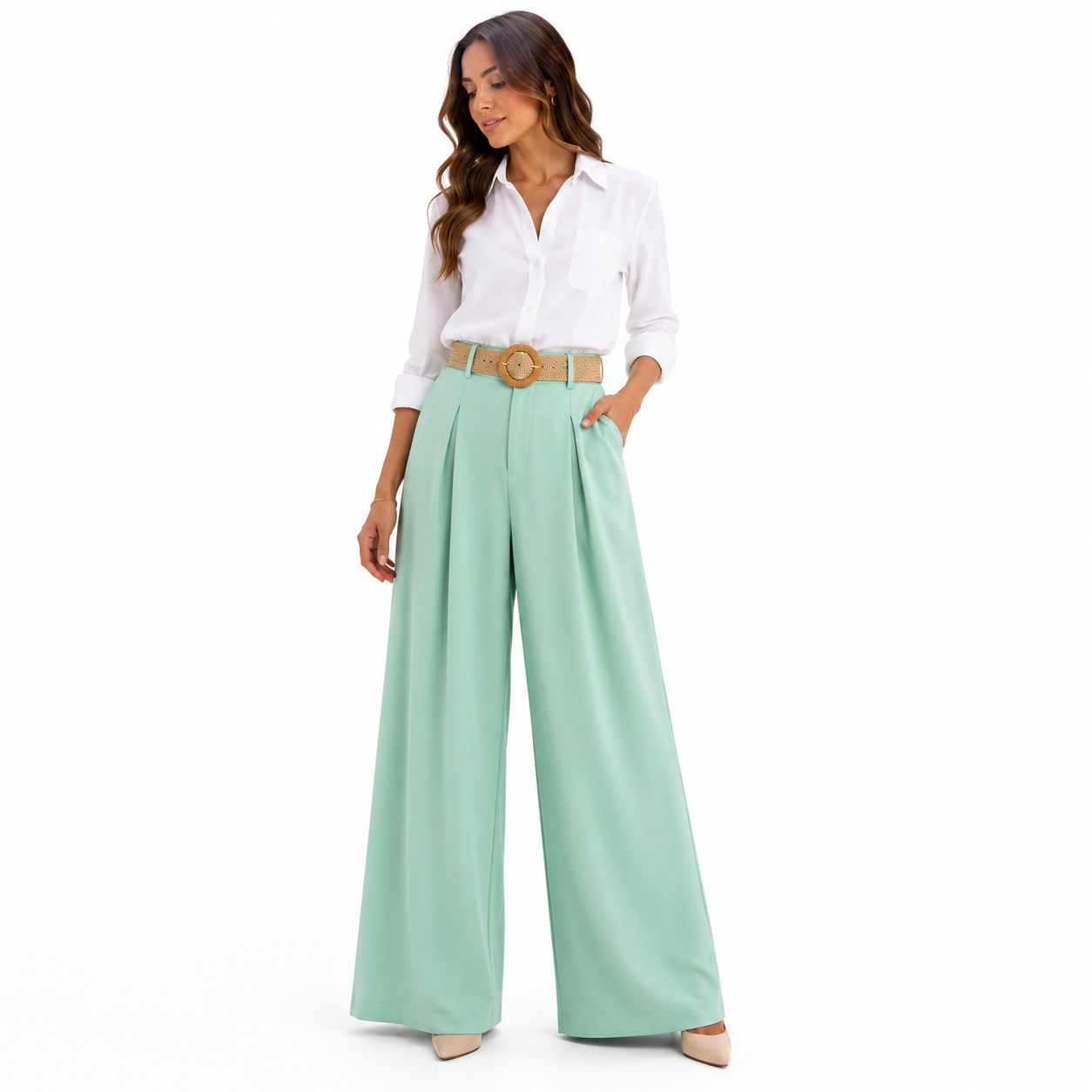 Pantalon Palazzo Femme Taille Unique avec Ceinture Tressée