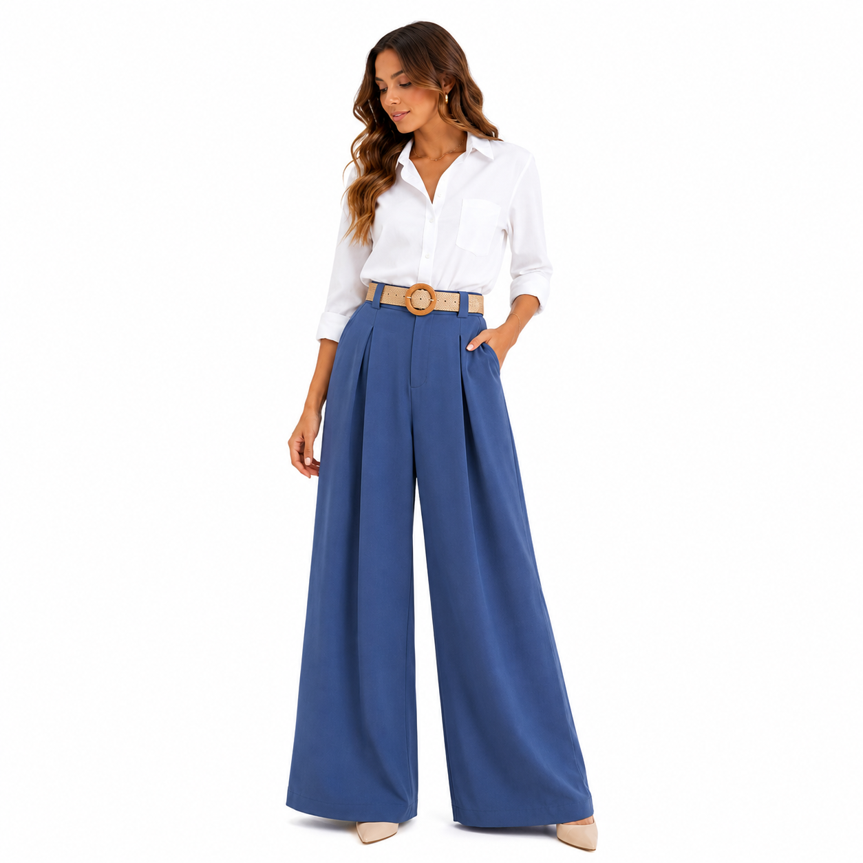 Pantalon Palazzo Femme Taille Unique avec Ceinture Tressée