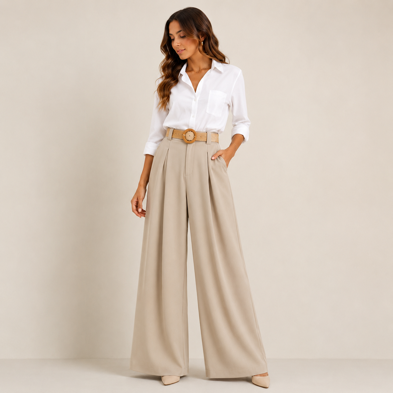 Pantalon Palazzo Femme Taille Unique avec Ceinture Tressée