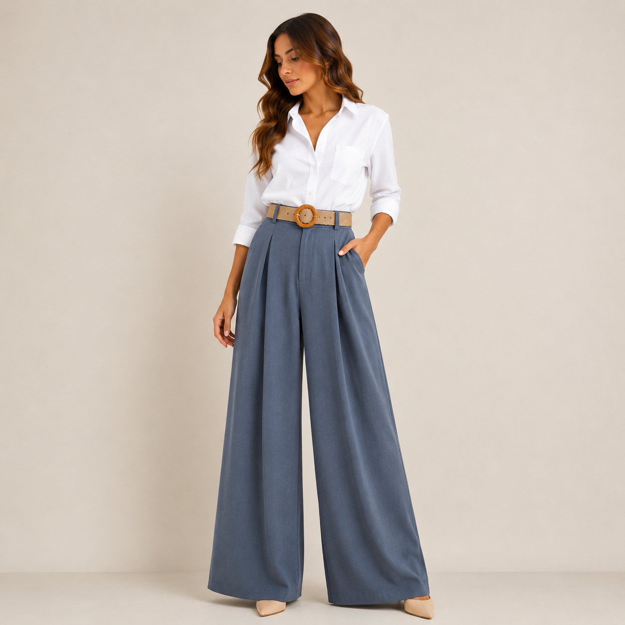 Pantalon Palazzo Femme Taille Unique avec Ceinture Tressée
