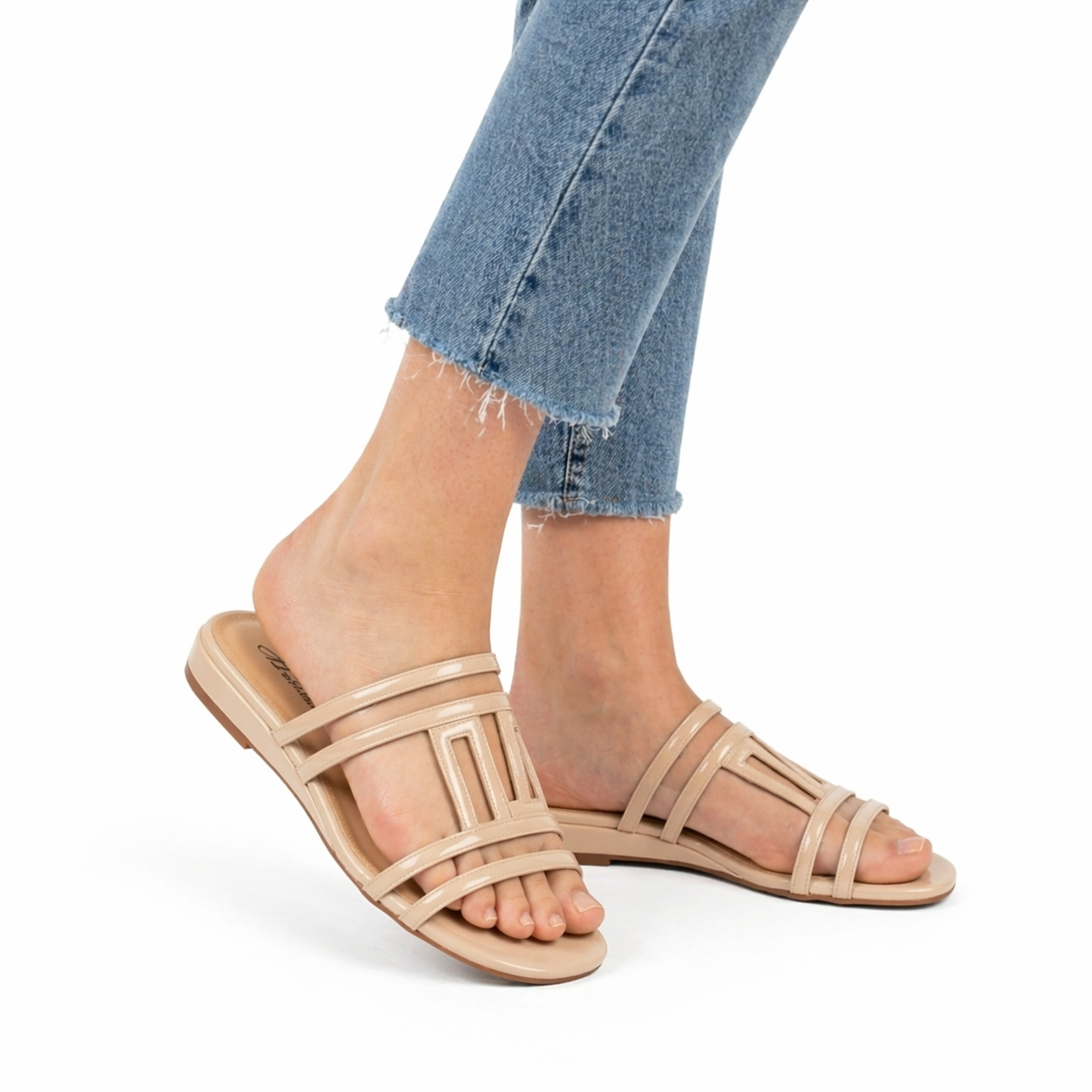 Sandales Plates Femme Style Cage à Lanières | Mules Bout Carré Noir et Beige | Chaussures Été Légères