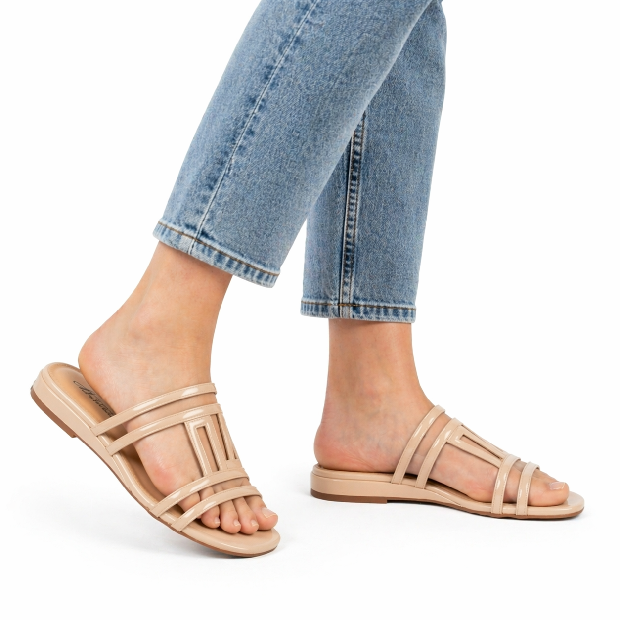 Sandales Plates Femme Style Cage à Lanières | Mules Bout Carré Noir et Beige | Chaussures Été Légères