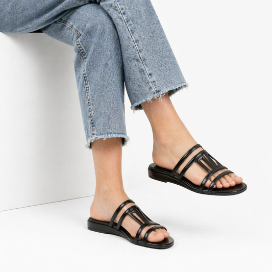 Women's Flat Cage Strap Sandals | Black and Beige Square Toe Mules | Lightweight Summer Shoes