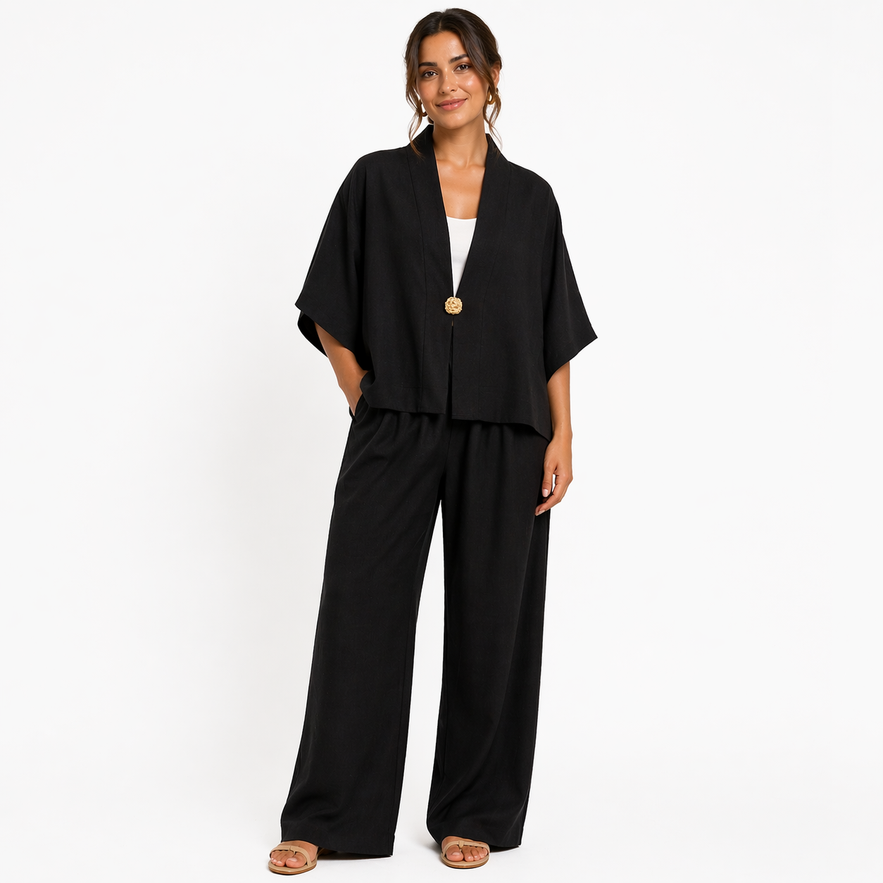 Ensemble femme oversize fluide 2 pièces – Kimono manches larges & pantalon taille élastique – Look chic confortableE