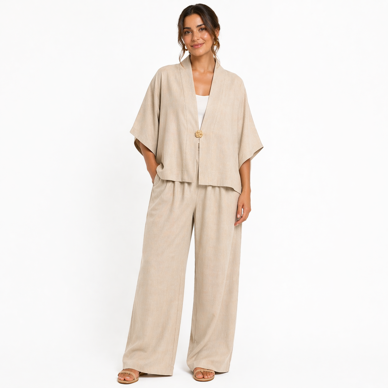 Ensemble femme oversize fluide 2 pièces – Kimono manches larges & pantalon taille élastique – Look chic confortableE