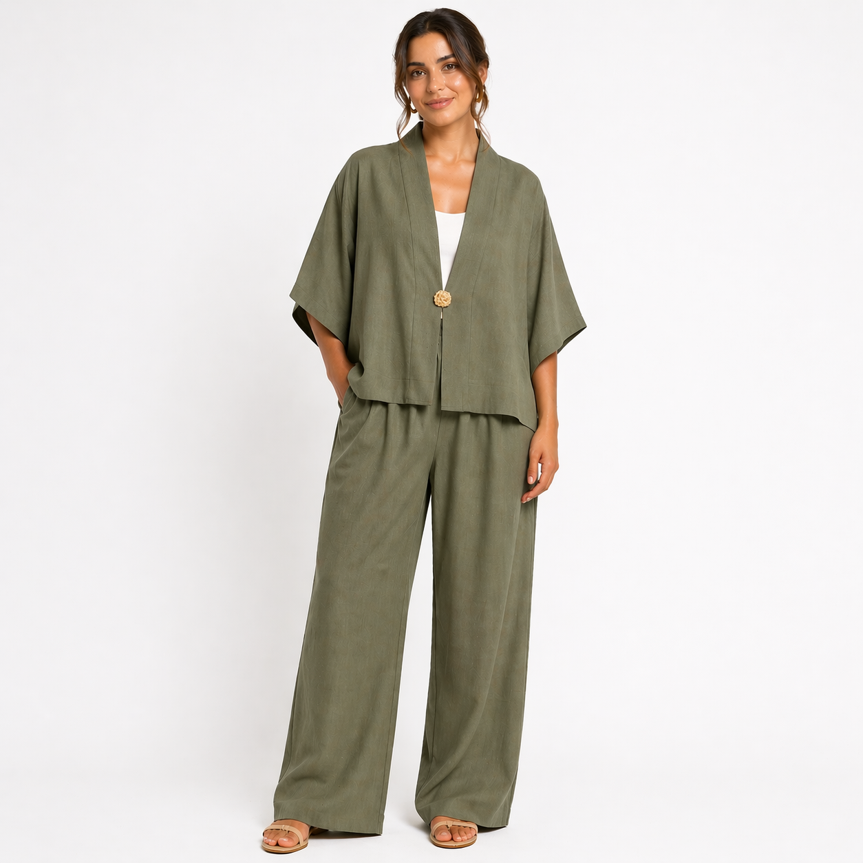 Ensemble femme oversize fluide 2 pièces – Kimono manches larges & pantalon taille élastique – Look chic confortableE