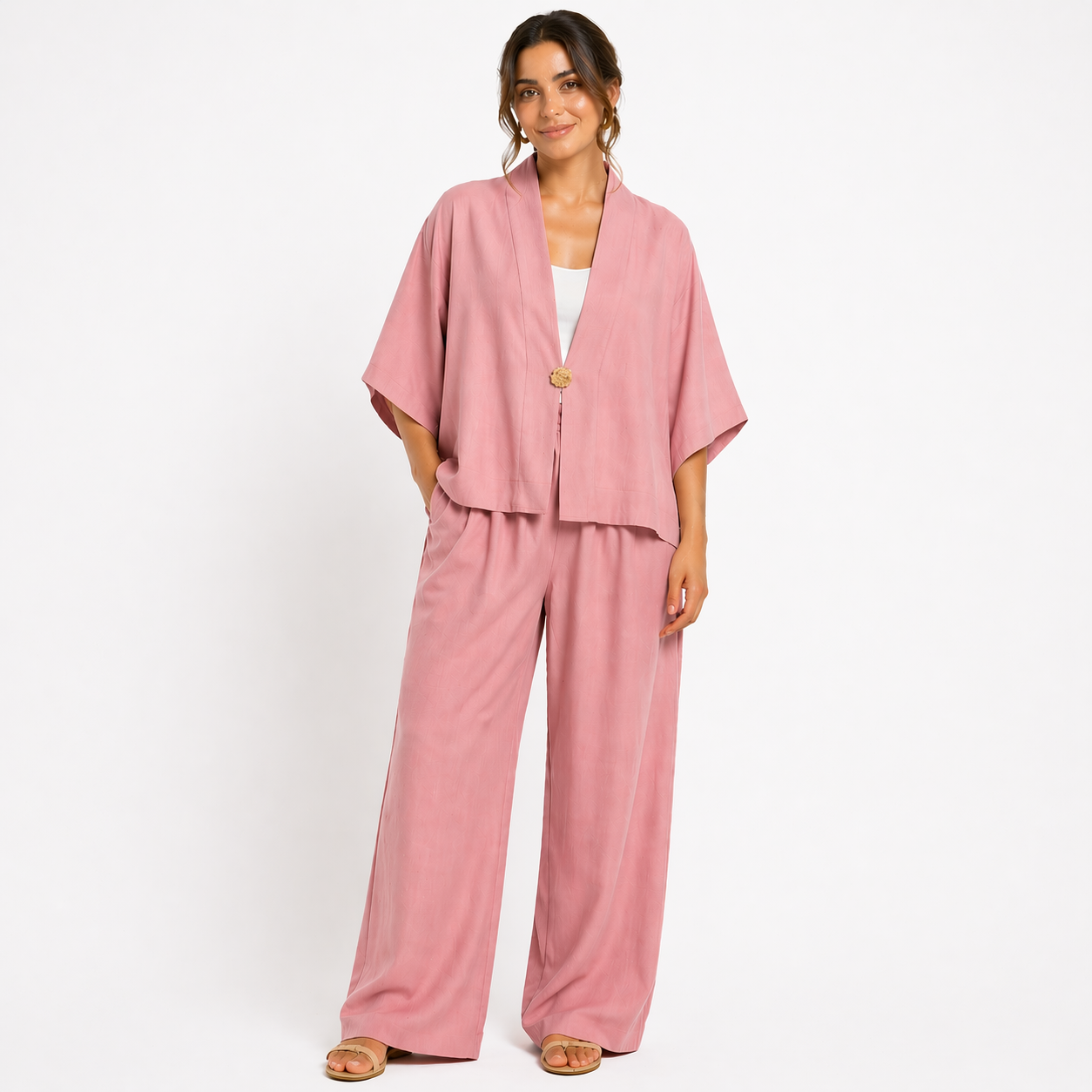 Ensemble femme oversize fluide 2 pièces – Kimono manches larges & pantalon taille élastique – Look chic confortableE