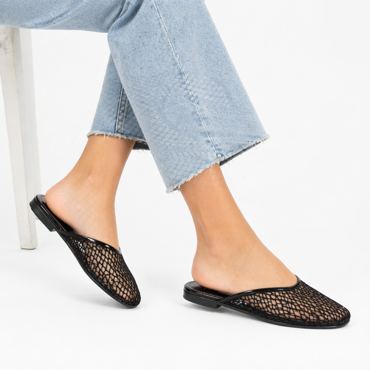 Women's Flat Mesh Mules | Square Toe Net Shoes Black and Red | Summer Trend