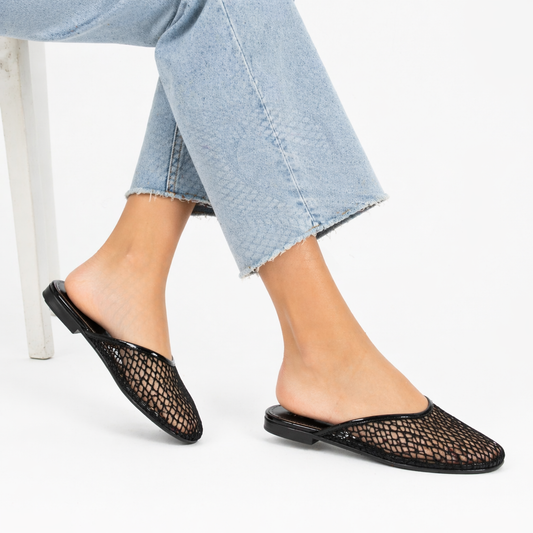 Women's Flat Mesh Mules | Square Toe Net Shoes Black and Red | Summer Trend
