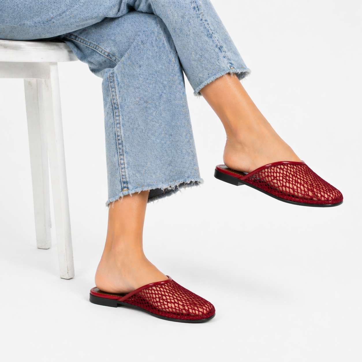 Women's Flat Mesh Mules | Square Toe Net Shoes Black and Red | Summer Trend
