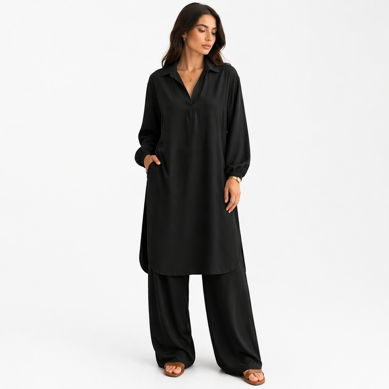 Ensemble Deux Pièces Femme Tunique et Pantalon Large | Col V Fluide Manches Longues | Tenue Chic Décontractée
