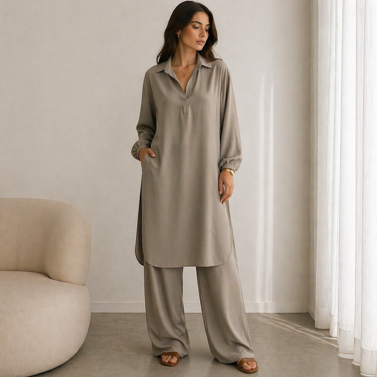 Ensemble Deux Pièces Femme Tunique et Pantalon Large | Col V Fluide Manches Longues | Tenue Chic Décontractée