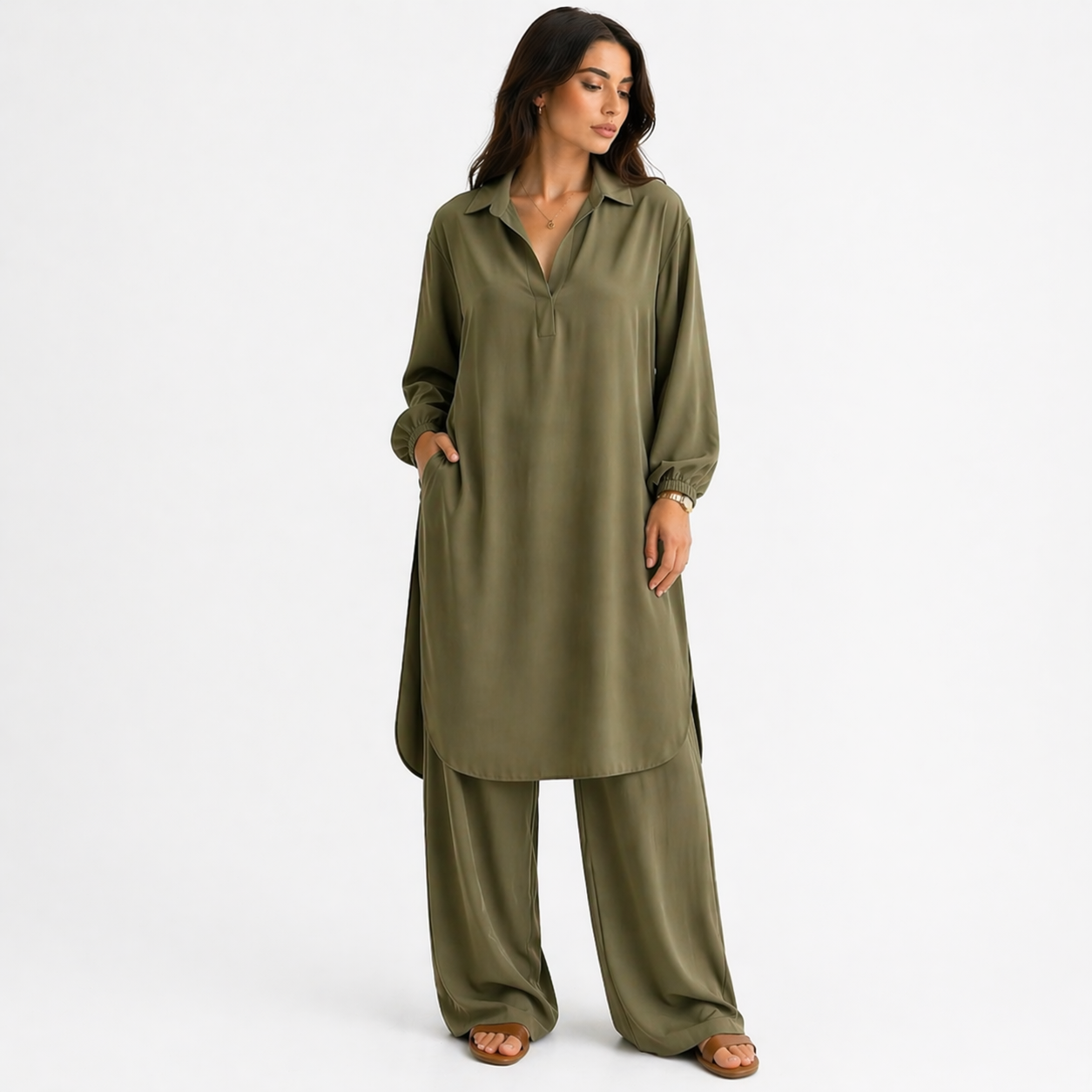 Ensemble Deux Pièces Femme Tunique et Pantalon Large | Col V Fluide Manches Longues | Tenue Chic Décontractée