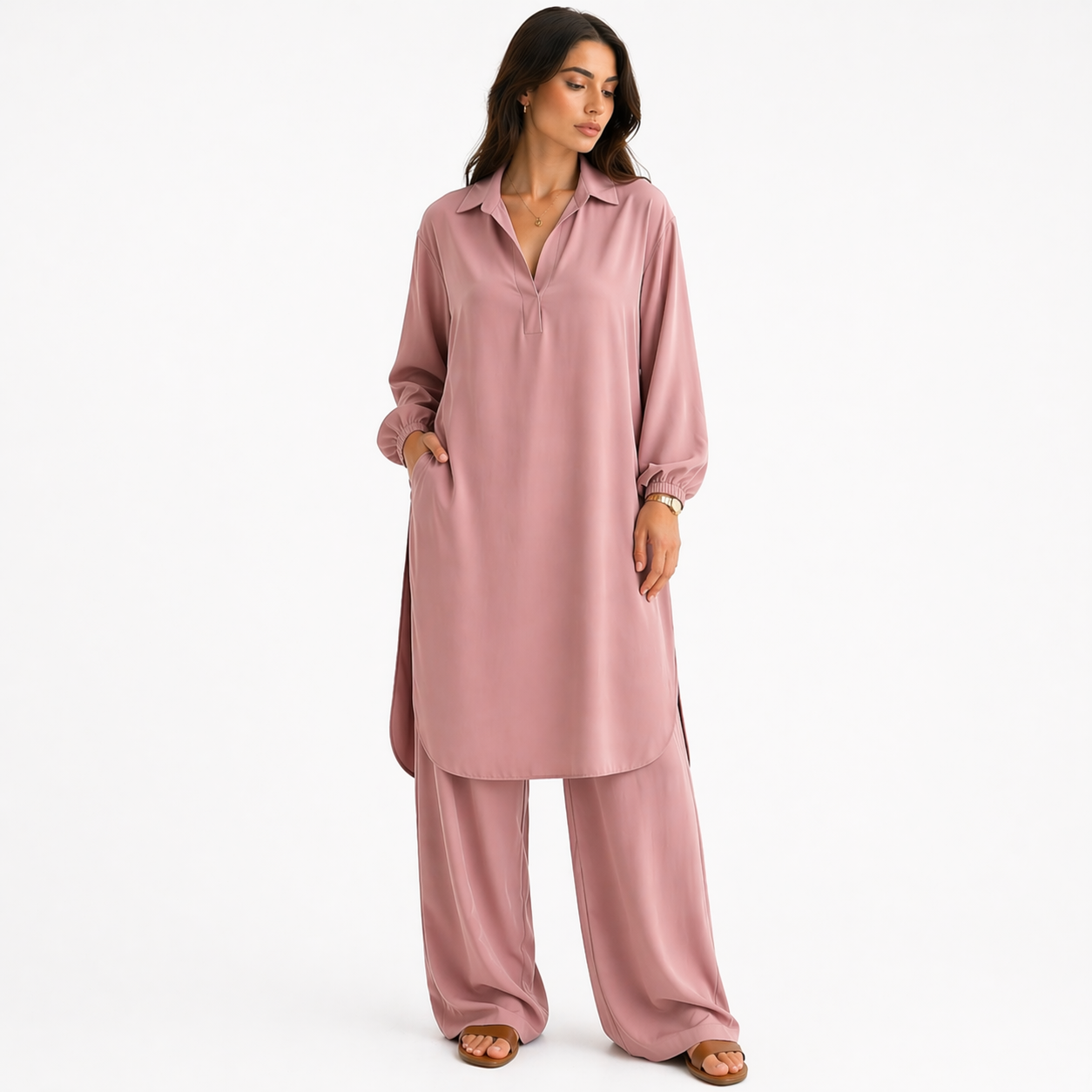 Women's Two-Piece Set Tunic and Wide-Leg Pants | V-Neck Flowy Long Sleeves | Chic Casual Outfit