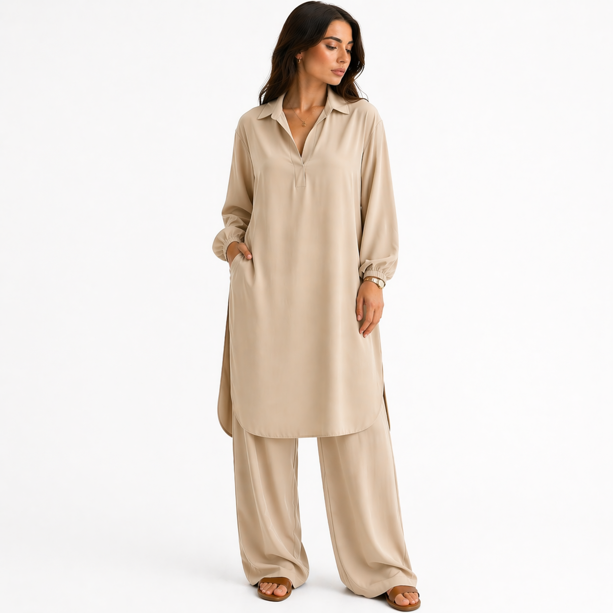 Ensemble Deux Pièces Femme Tunique et Pantalon Large | Col V Fluide Manches Longues | Tenue Chic Décontractée