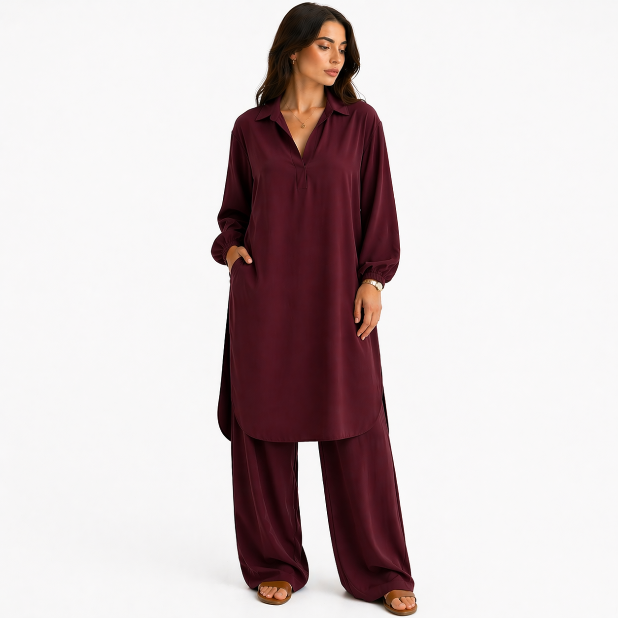 Ensemble Deux Pièces Femme Tunique et Pantalon Large | Col V Fluide Manches Longues | Tenue Chic Décontractée