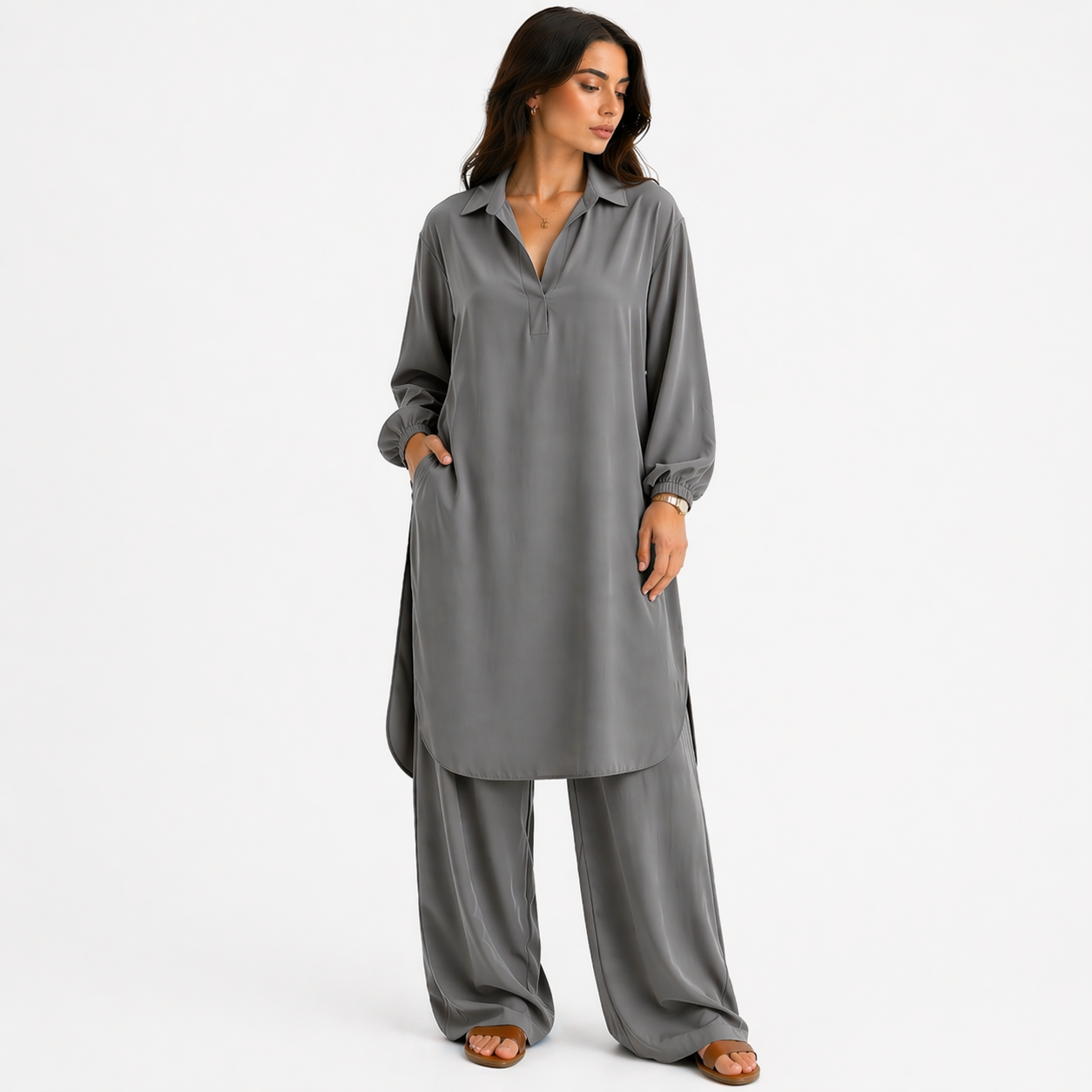 Ensemble Deux Pièces Femme Tunique et Pantalon Large | Col V Fluide Manches Longues | Tenue Chic Décontractée