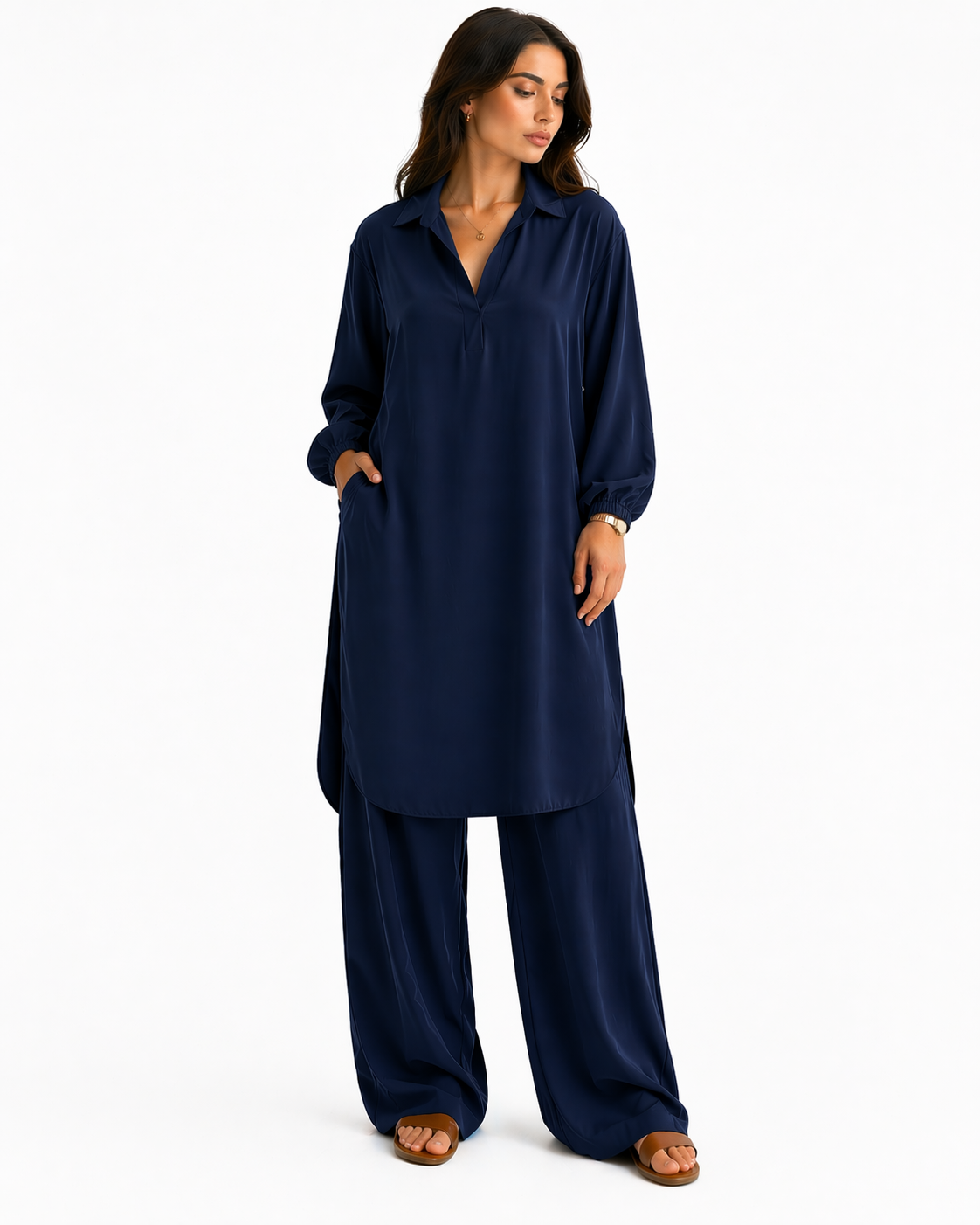 Ensemble Deux Pièces Femme Tunique et Pantalon Large | Col V Fluide Manches Longues | Tenue Chic Décontractée