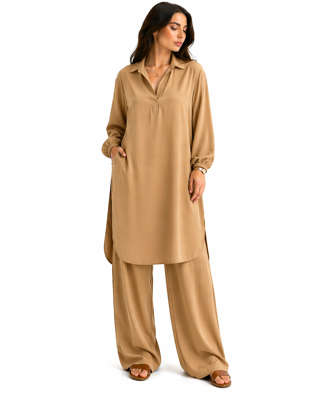 Ensemble Deux Pièces Femme Tunique et Pantalon Large | Col V Fluide Manches Longues | Tenue Chic Décontractée