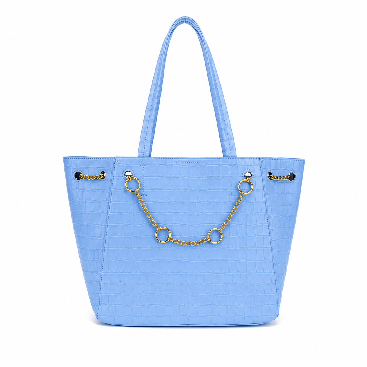 Sac Cabas Bleu Croco Élégant Grand Format avec Détails Chaîne Dorée