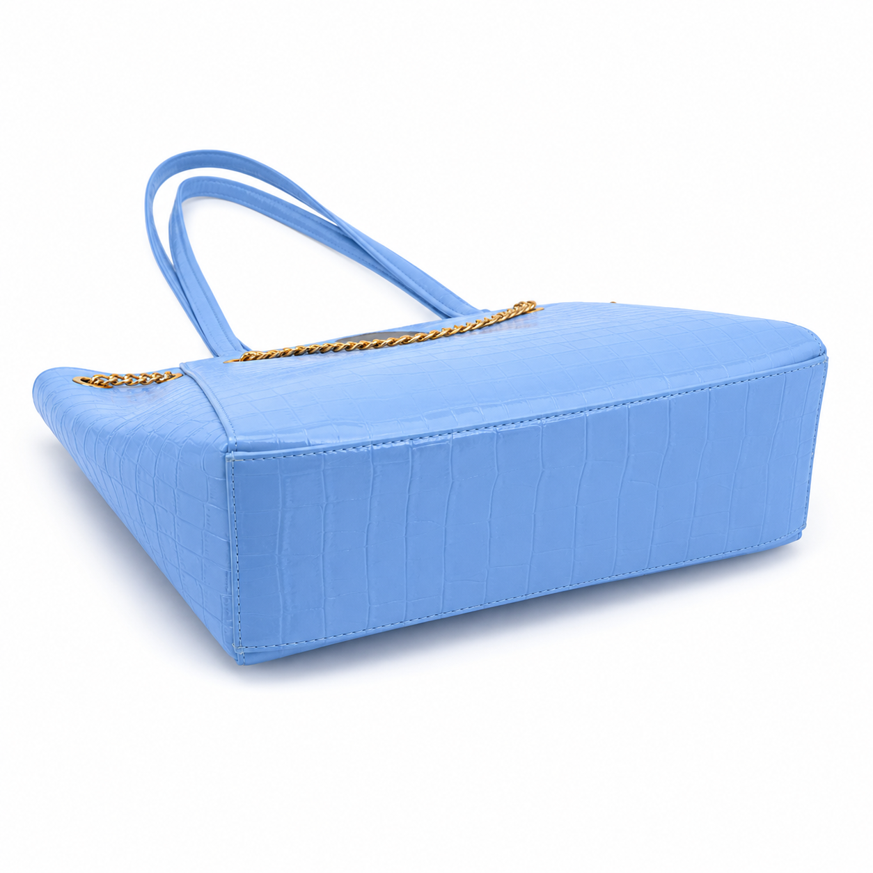 Sac Cabas Bleu Croco Élégant Grand Format avec Détails Chaîne Dorée