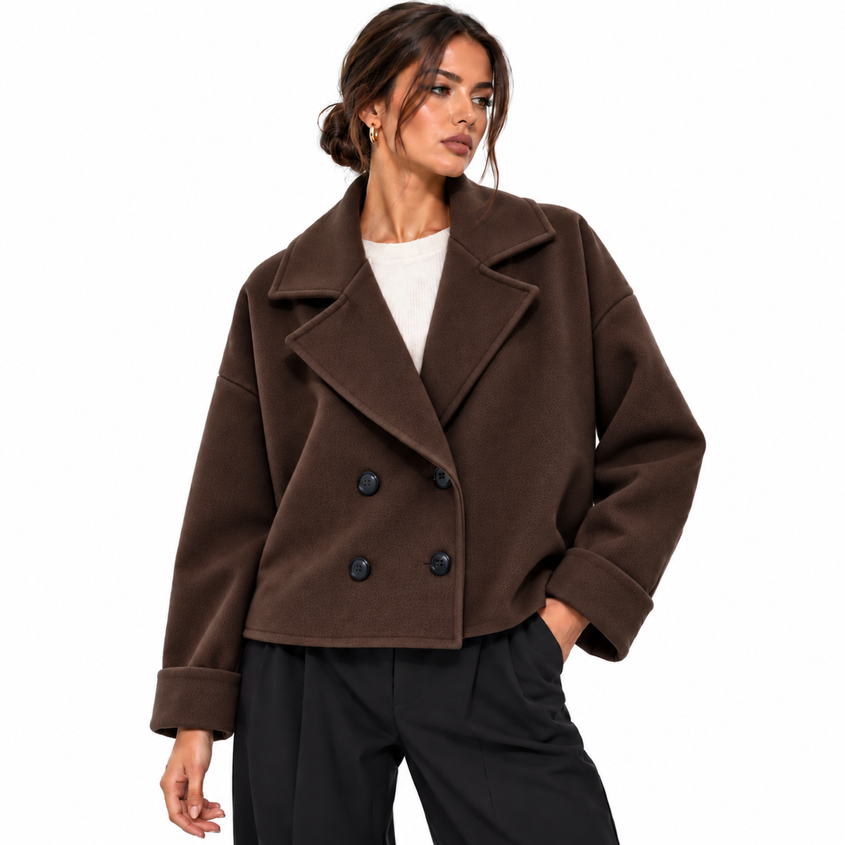 Veste Courte Femme Élégante Oversize à Double Boutonnage et Col Tailleur