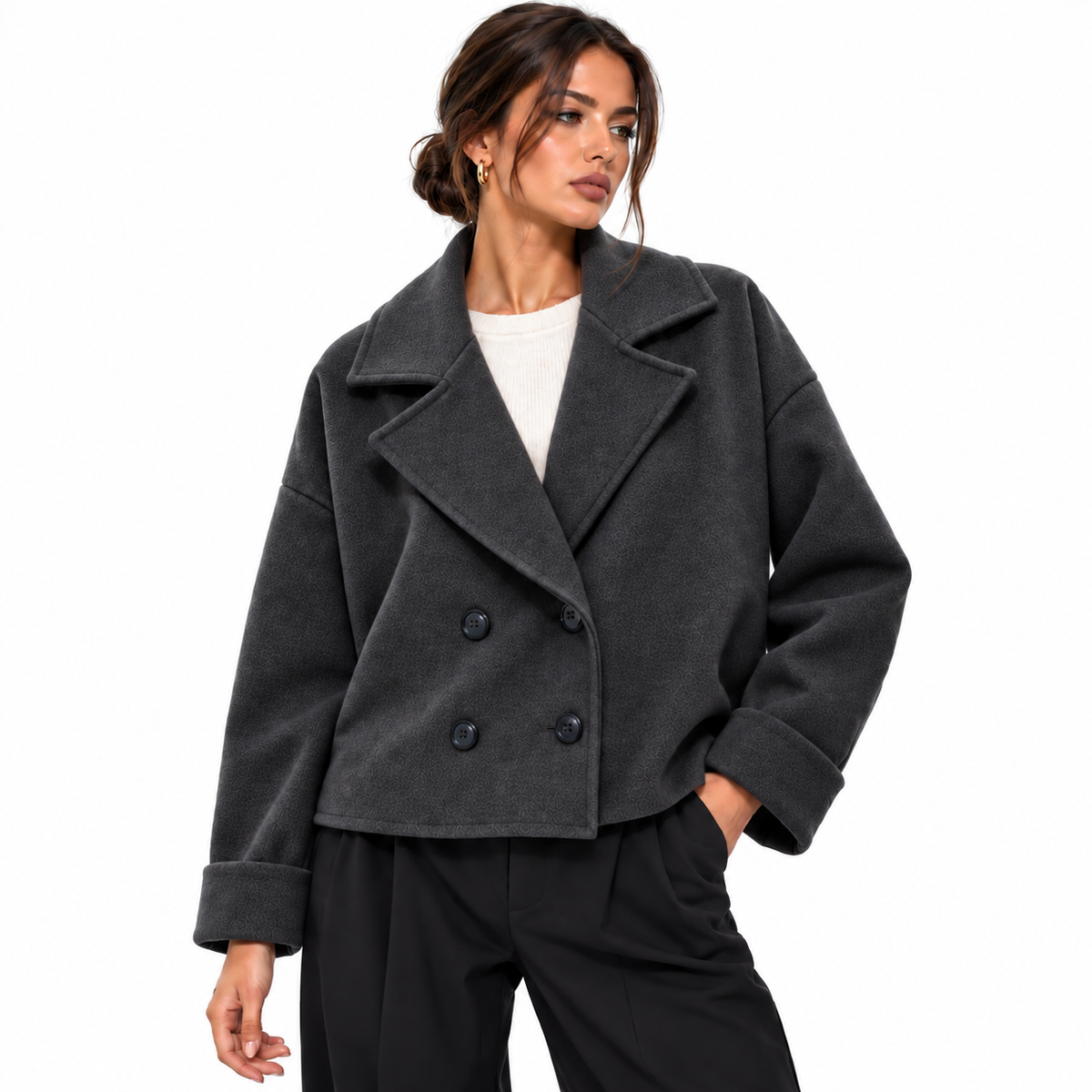 Veste Courte Femme Élégante Oversize à Double Boutonnage et Col Tailleur
