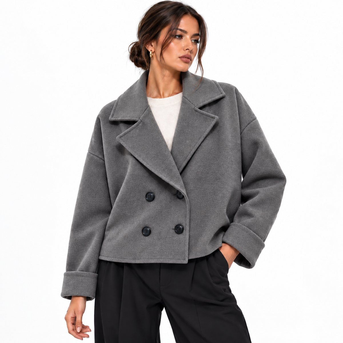 Veste Courte Femme Élégante Oversize à Double Boutonnage et Col Tailleur