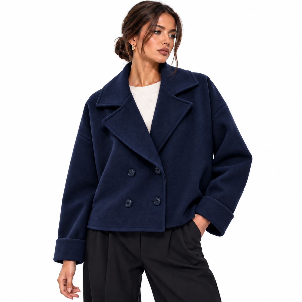 Veste Courte Femme Élégante Oversize à Double Boutonnage et Col Tailleur