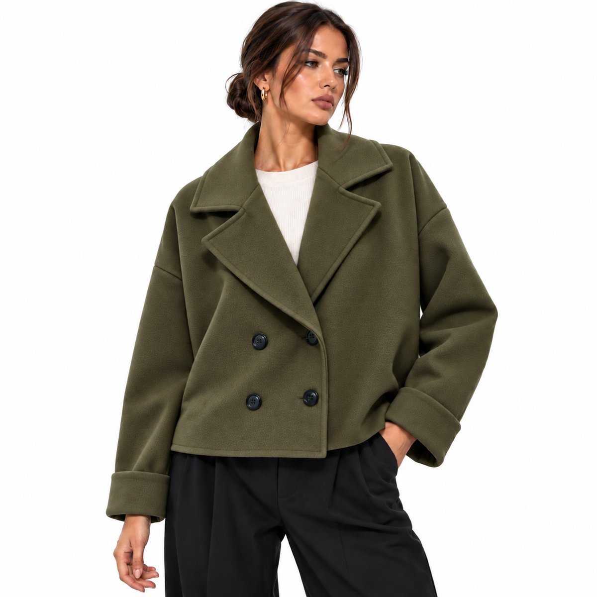 Veste Courte Femme Élégante Oversize à Double Boutonnage et Col Tailleur