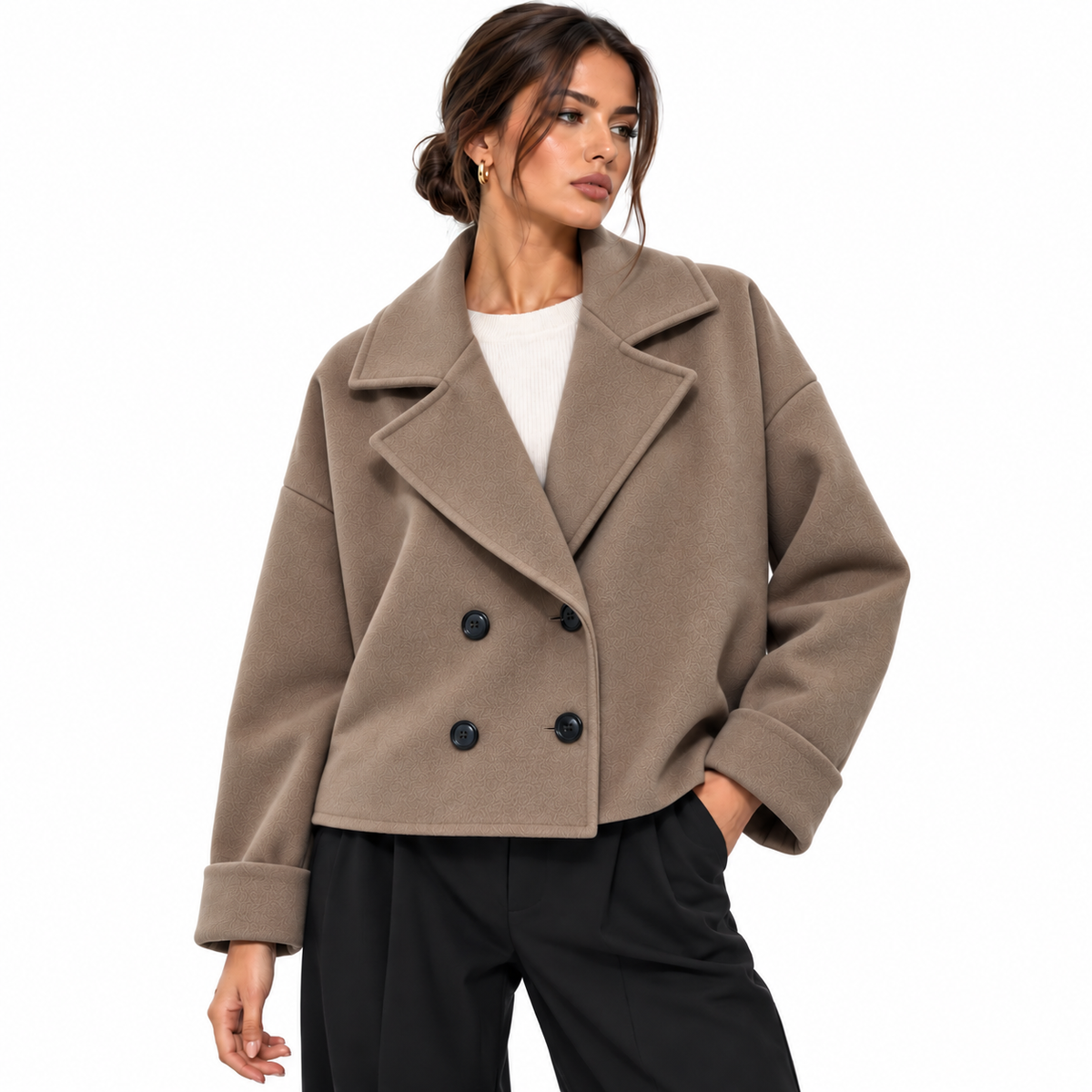 Veste Courte Femme Élégante Oversize à Double Boutonnage et Col Tailleur