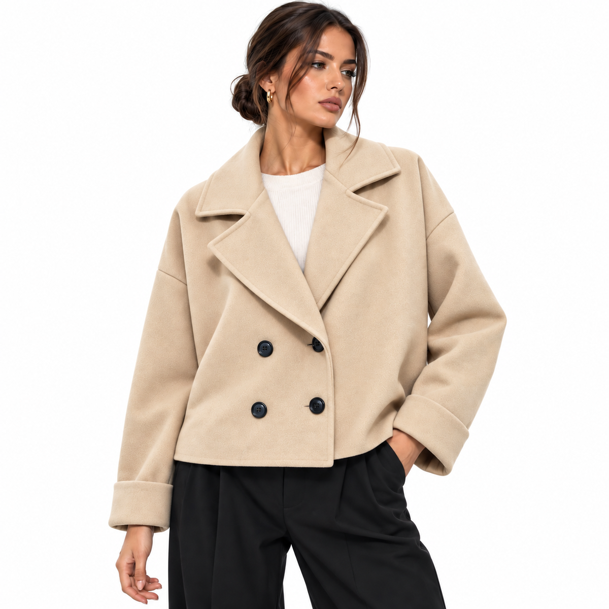 Veste Courte Femme Élégante Oversize à Double Boutonnage et Col Tailleur