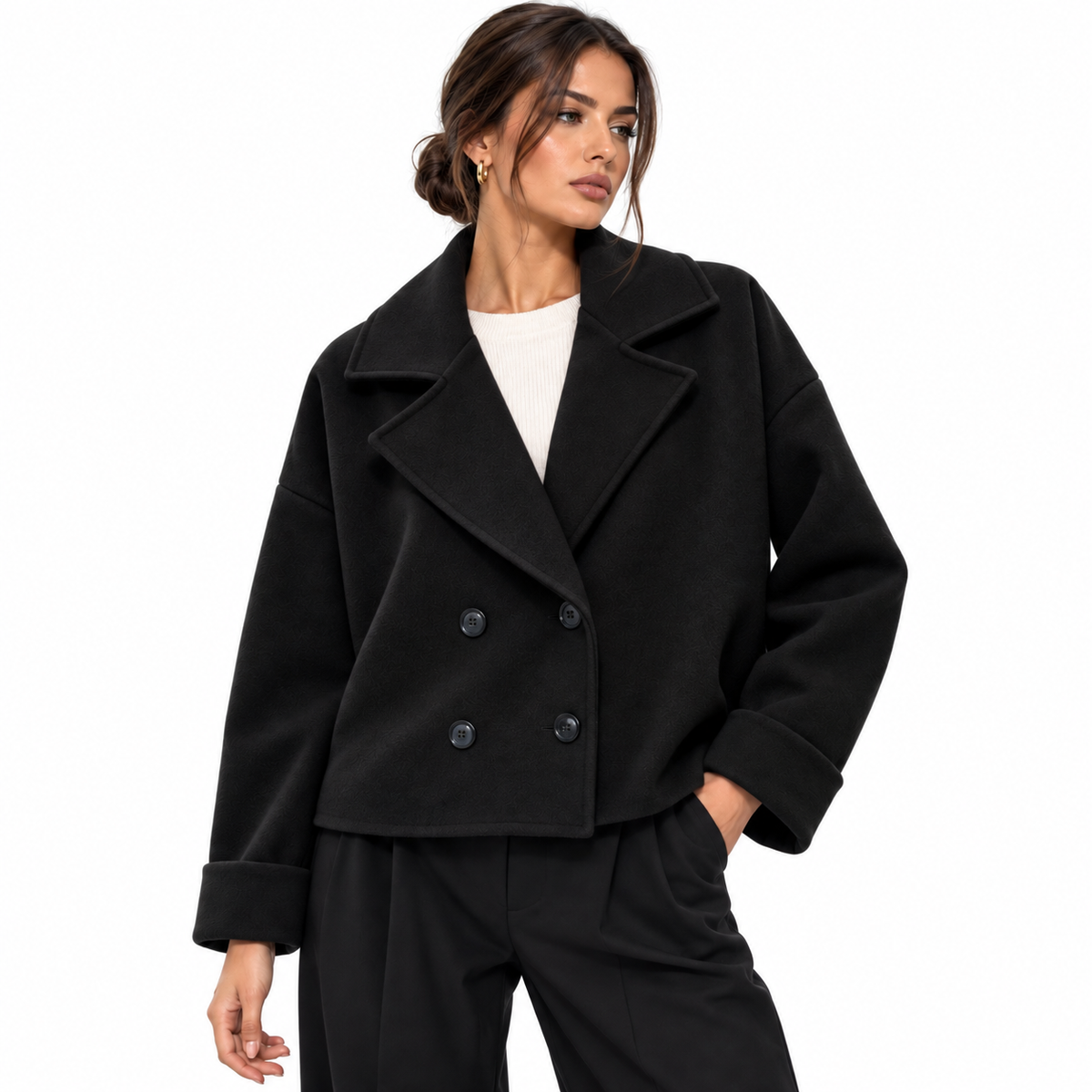 Veste Courte Femme Élégante Oversize à Double Boutonnage et Col Tailleur