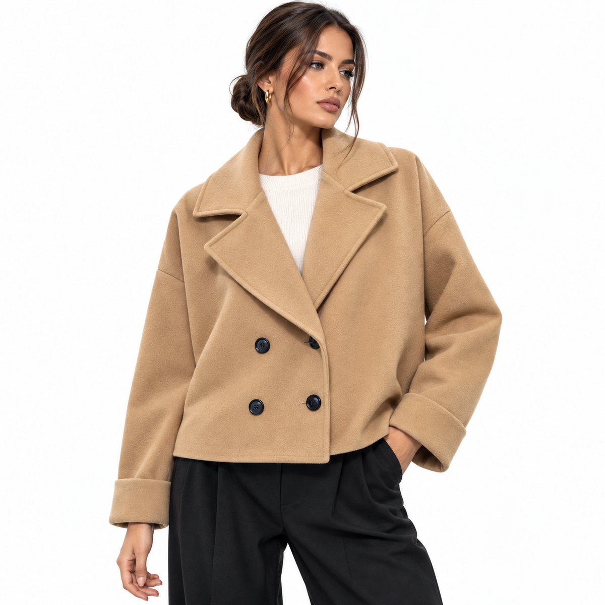 Veste Courte Femme Élégante Oversize à Double Boutonnage et Col Tailleur