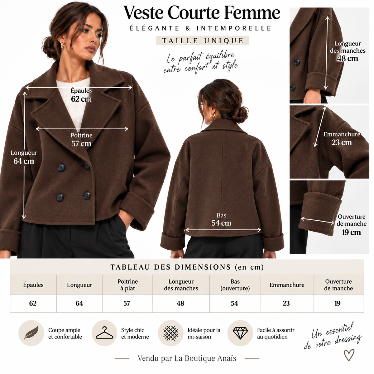 Veste Courte Femme Élégante Oversize à Double Boutonnage et Col Tailleur