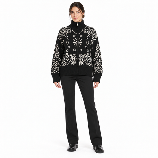Gilet Pull Femme Zippé à Motifs Bandana – Col Montant et Coupe Ample