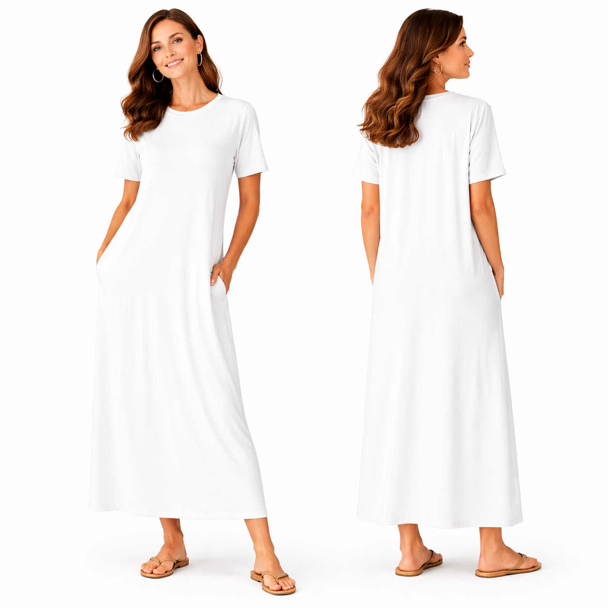 Robe Longue Fluide Femme – Coupe Oversize Confort – Manches Courtes – Poches Invisibles – Style Casual Chic