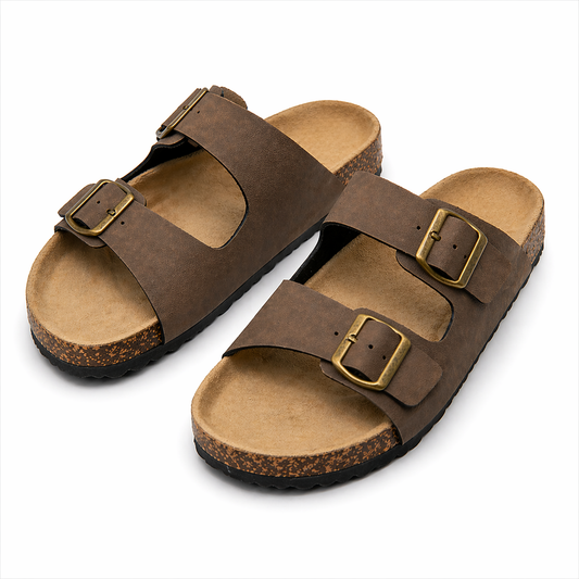 Double-buckle comfort slides with ergonomic sole