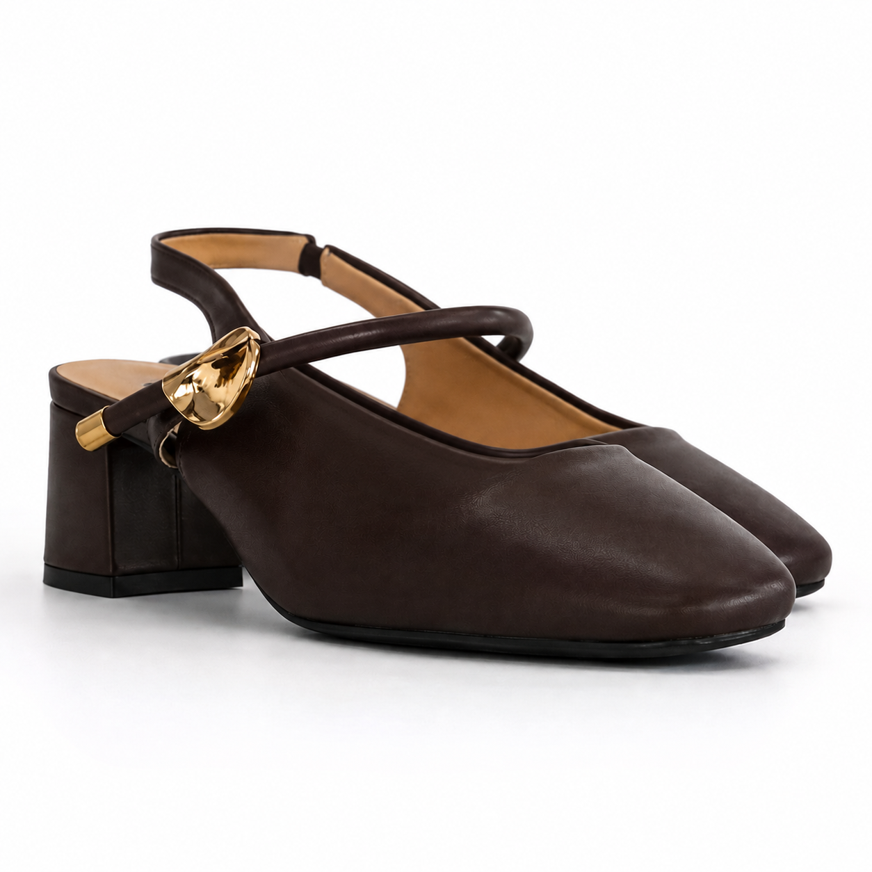Escarpins Slingback Femme à Talon Carré avec Détail Doré – Noir & Chocolat