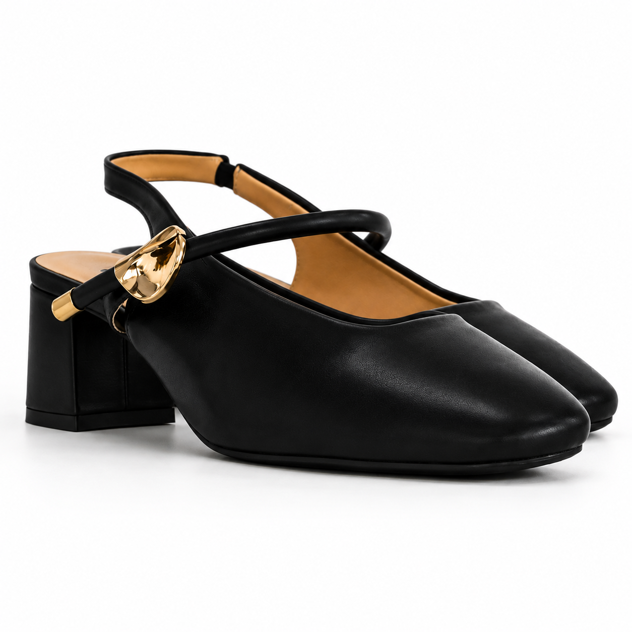 Escarpins Slingback Femme à Talon Carré avec Détail Doré – Noir & Chocolat
