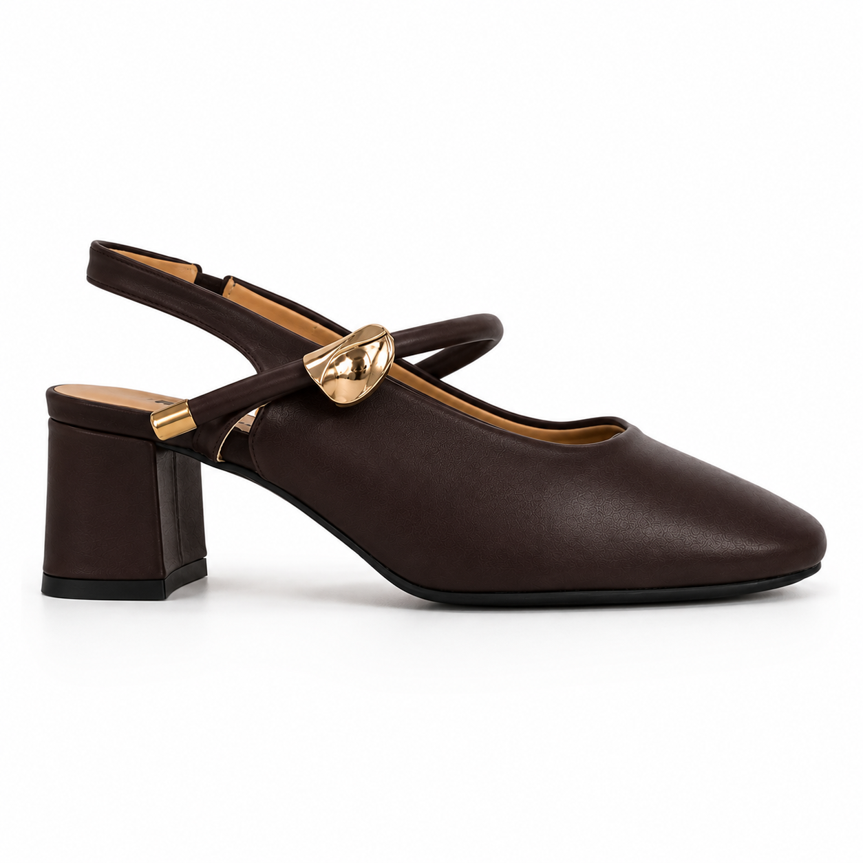 Escarpins Slingback Femme à Talon Carré avec Détail Doré – Noir & Chocolat