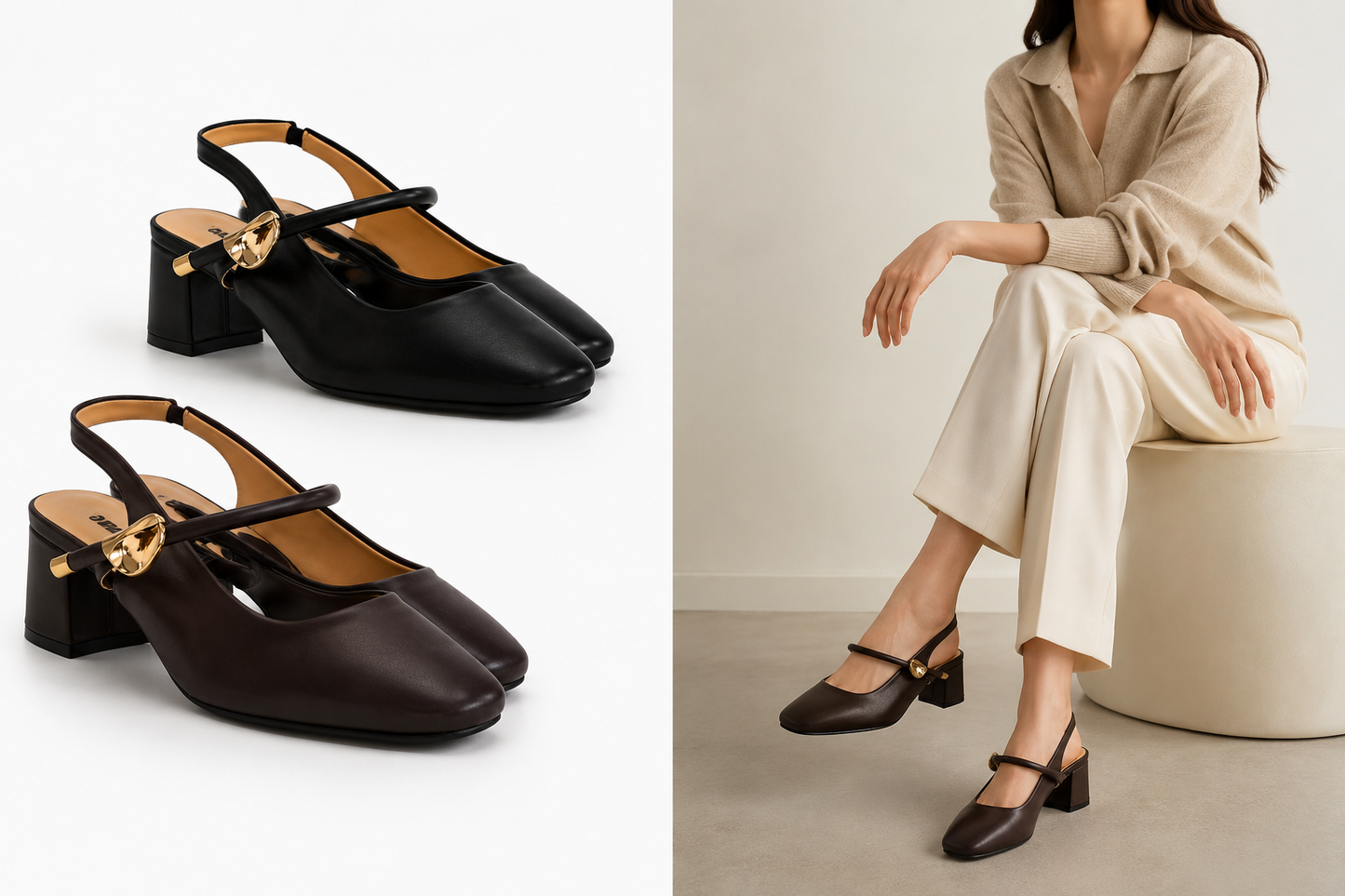 Escarpins Slingback Femme à Talon Carré avec Détail Doré – Noir & Chocolat