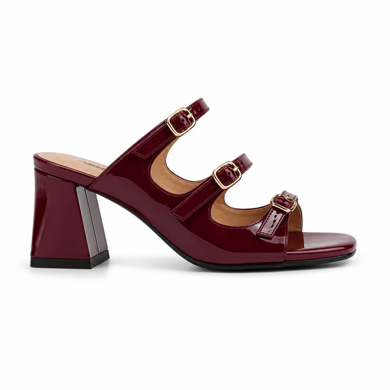 Sandales Femme Vernies à Talon Carré et Brides Bouclées Dorées – Beige, Noir, Bordeaux