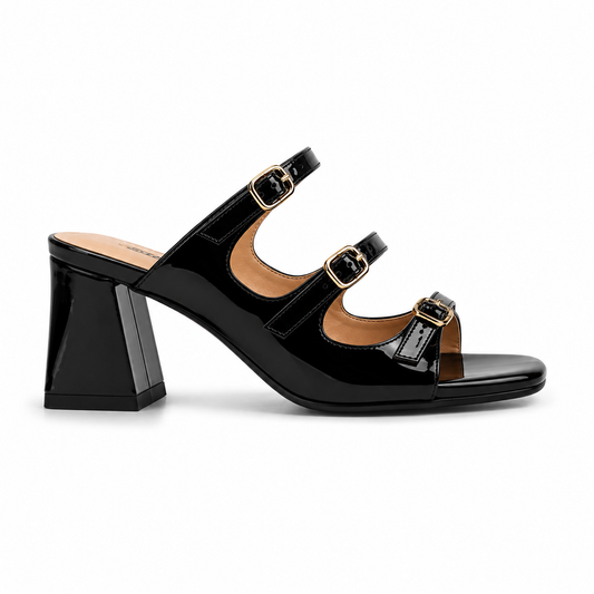 Sandales Femme Vernies à Talon Carré et Brides Bouclées Dorées – Beige, Noir, Bordeaux