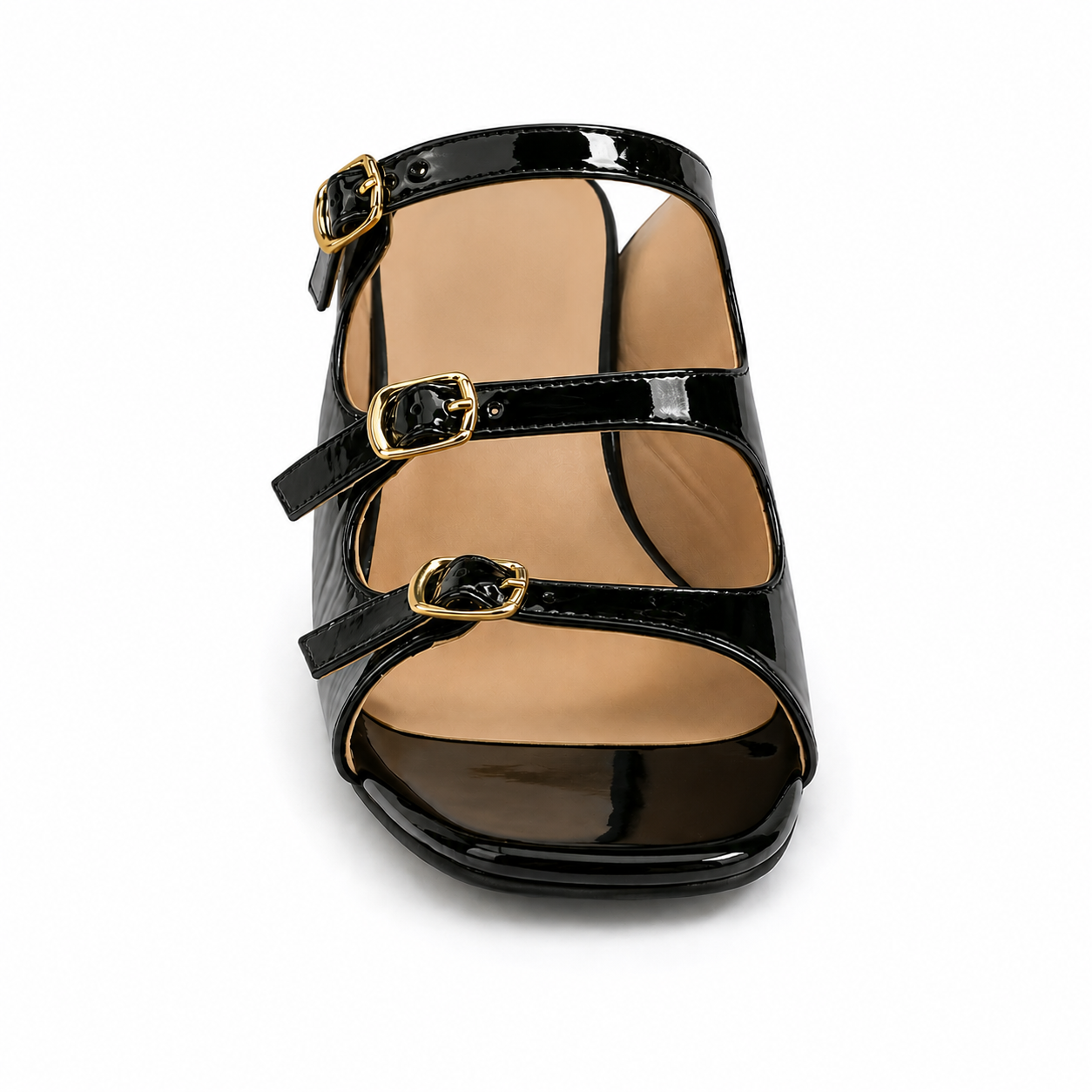 Sandales Femme Vernies à Talon Carré et Brides Bouclées Dorées – Beige, Noir, Bordeaux