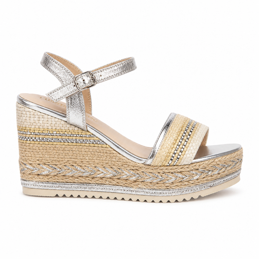 Sandales Compensées Femme Argentées – Style Bohème Chic et Confort Élégant