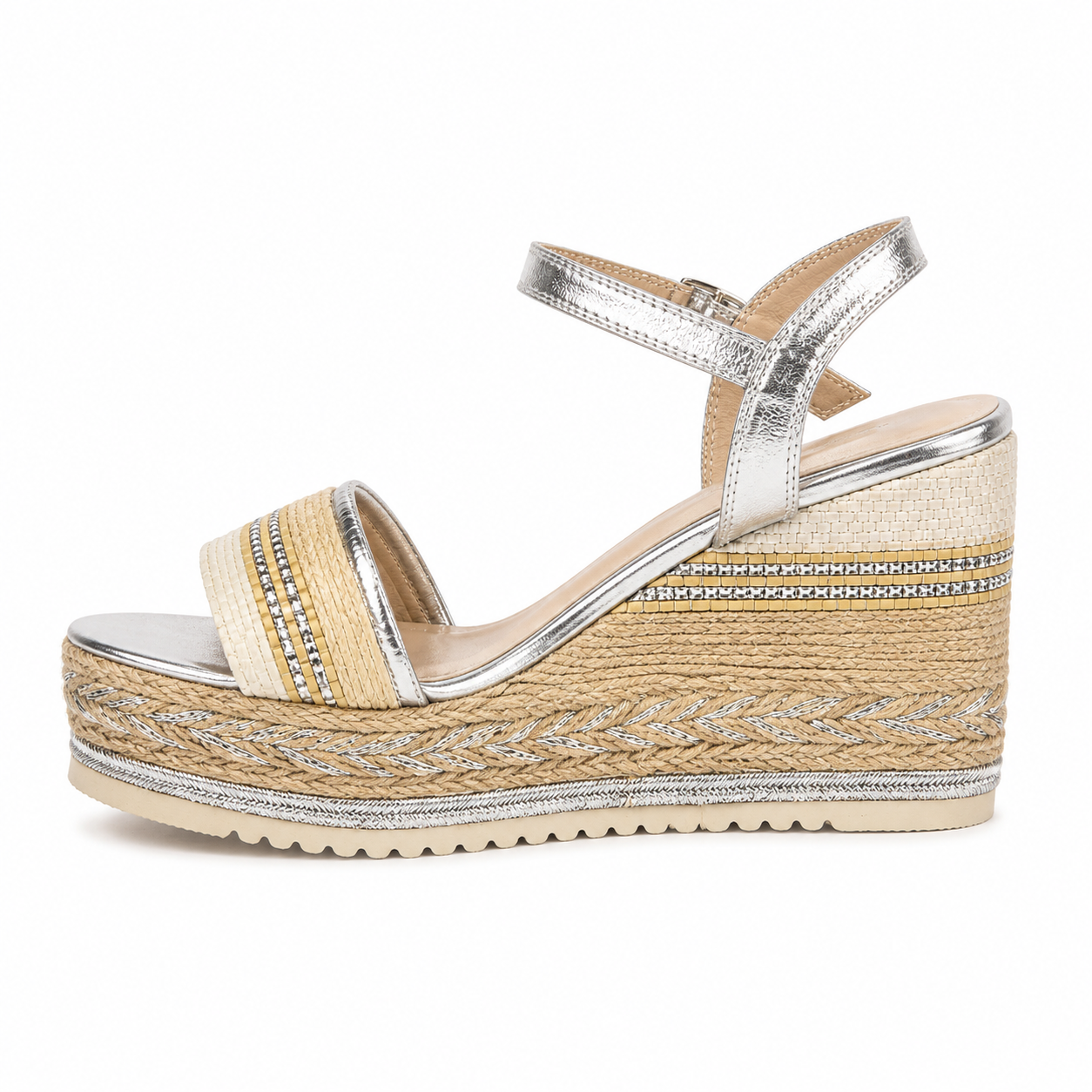 Sandales Compensées Femme Argentées – Style Bohème Chic et Confort Élégant